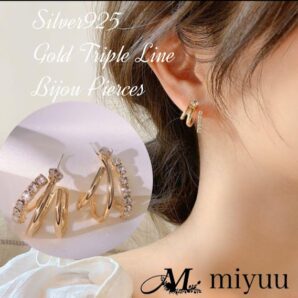 ピアス ビジュー 3連 ゴールド 大ぶり 大きめ 韓国 パーティー レディース ゴールド ゴールドピアス 大人 エレガント 韓国 高見え アクセサリー